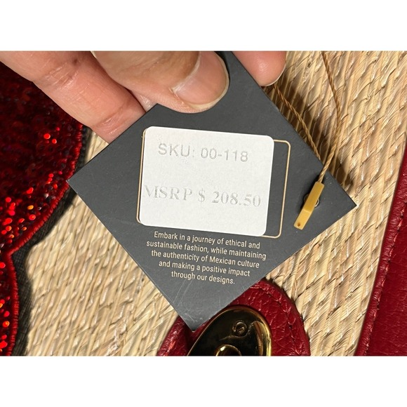 $208 By Del Rio Straw Tote Bag Women Red NEW Sequined Lips Tassel Pom Pom Large - Picture 16 of 16